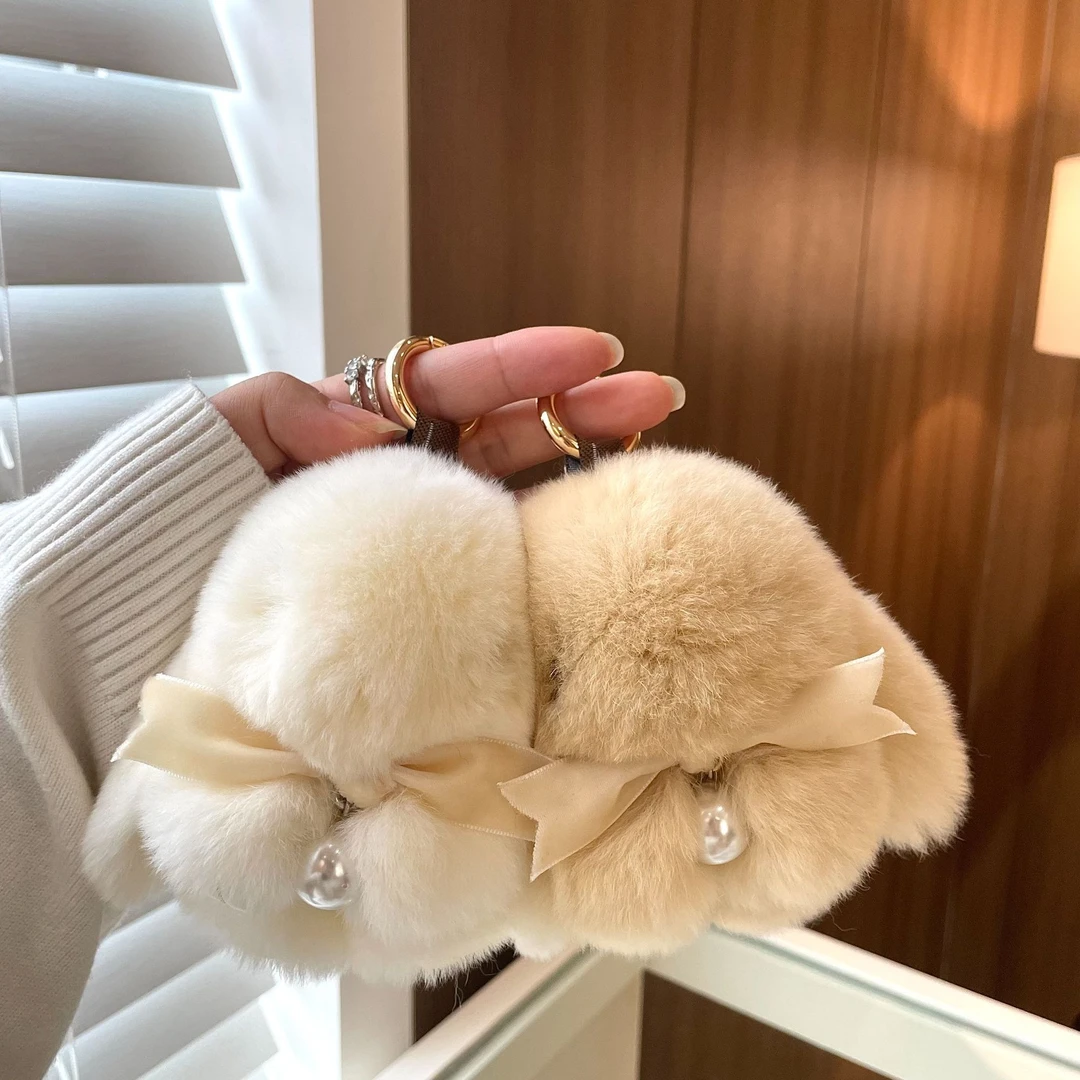 自制可爱真獭兔毛蝴蝶结小兔子钥匙扣挂件ins毛绒礼物包包挂饰