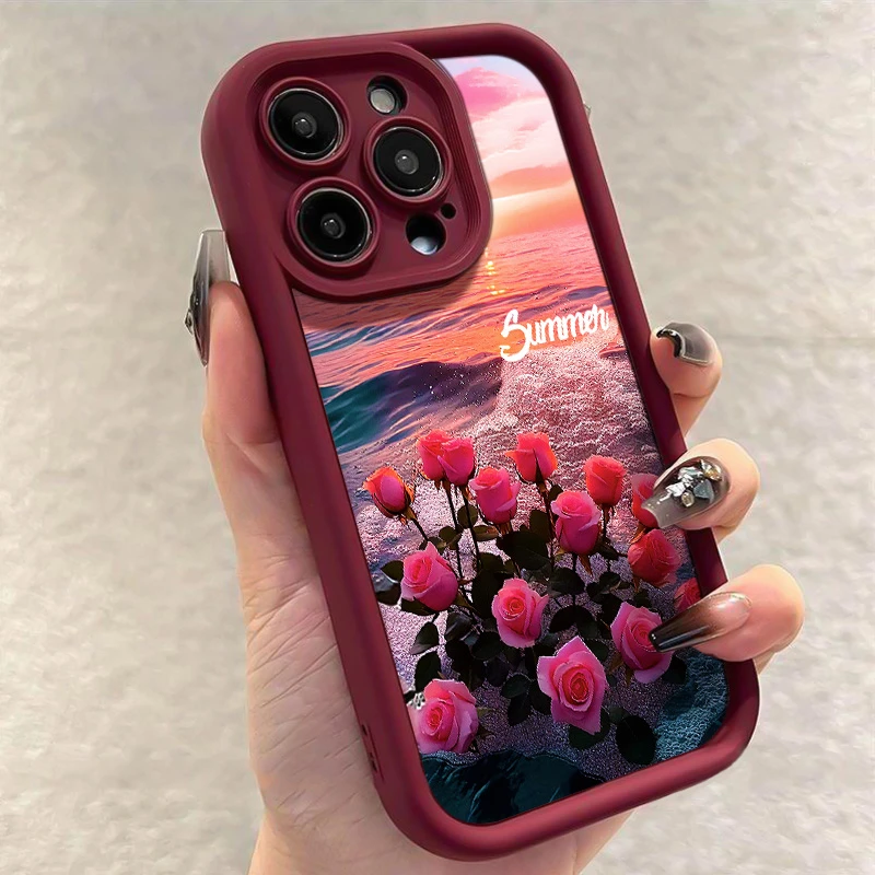 玫瑰花海iphone15/13苹果14手机壳磨砂防摔12/11高级xs/x新款酒红