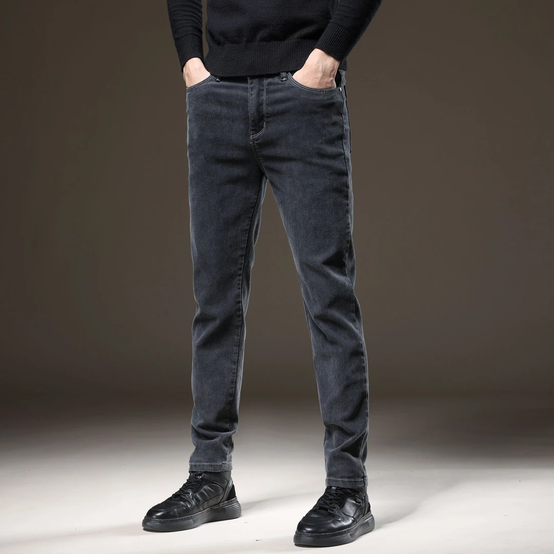 秋冬新款牛仔男士商务休闲修身小直筒弹力棉长裤直筒百搭潮流加绒