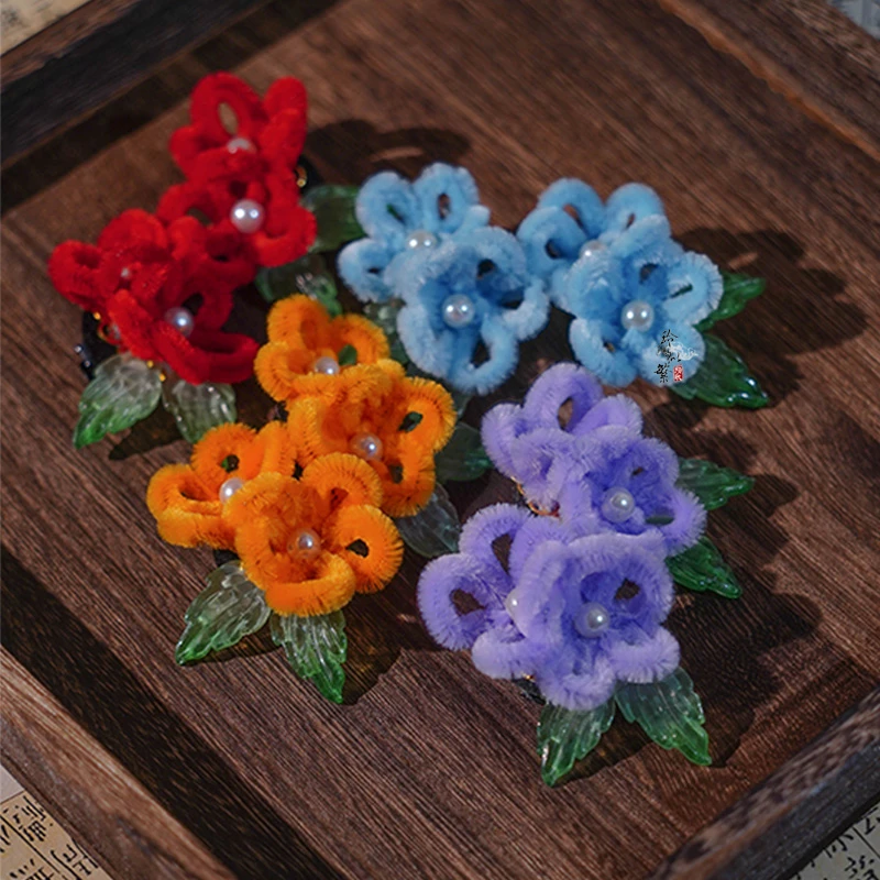 汉服古风儿童发夹手工毛绒绒花仿非遗秋冬少女新年配饰