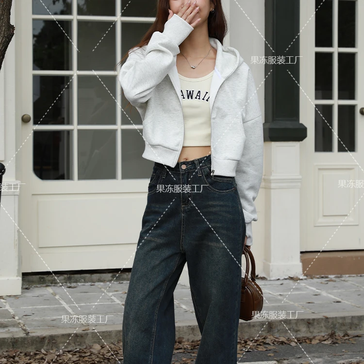 2025春秋新款连帽高腰短款拉链开衫卫衣宽松露脐运动休闲风女外套