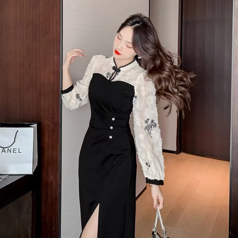 宝藏衣橱2025新款优雅开叉国风拼接连衣裙7499