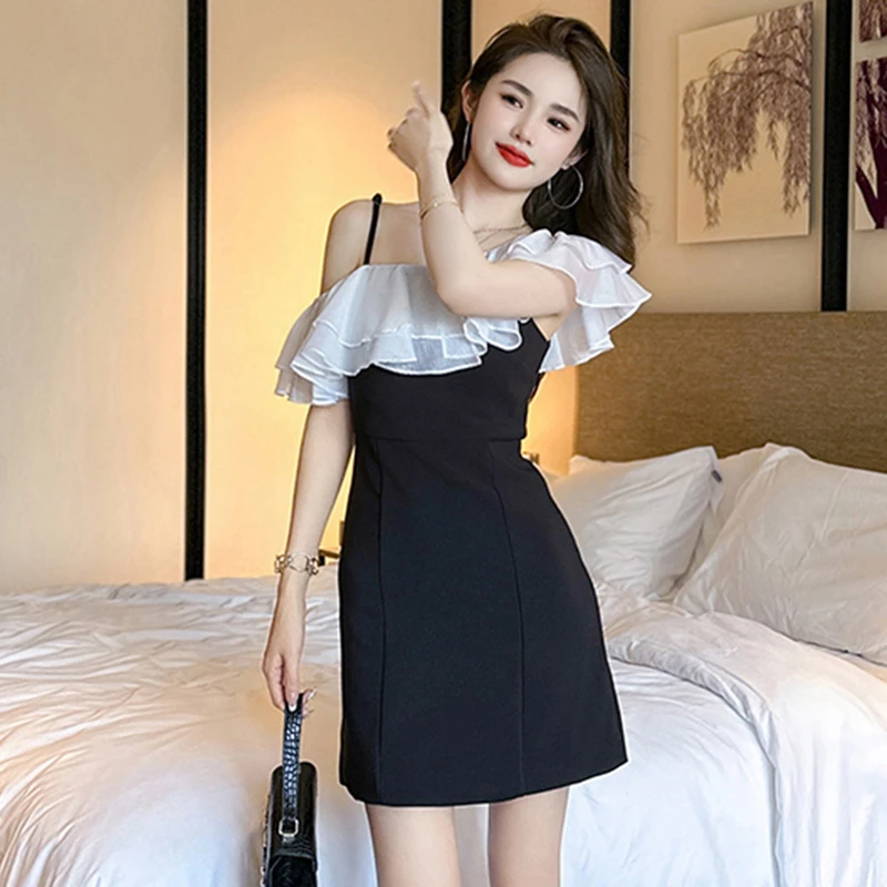 法式一字肩荷叶边连衣裙女2025夏季新款气质高级感修身包臀短1398