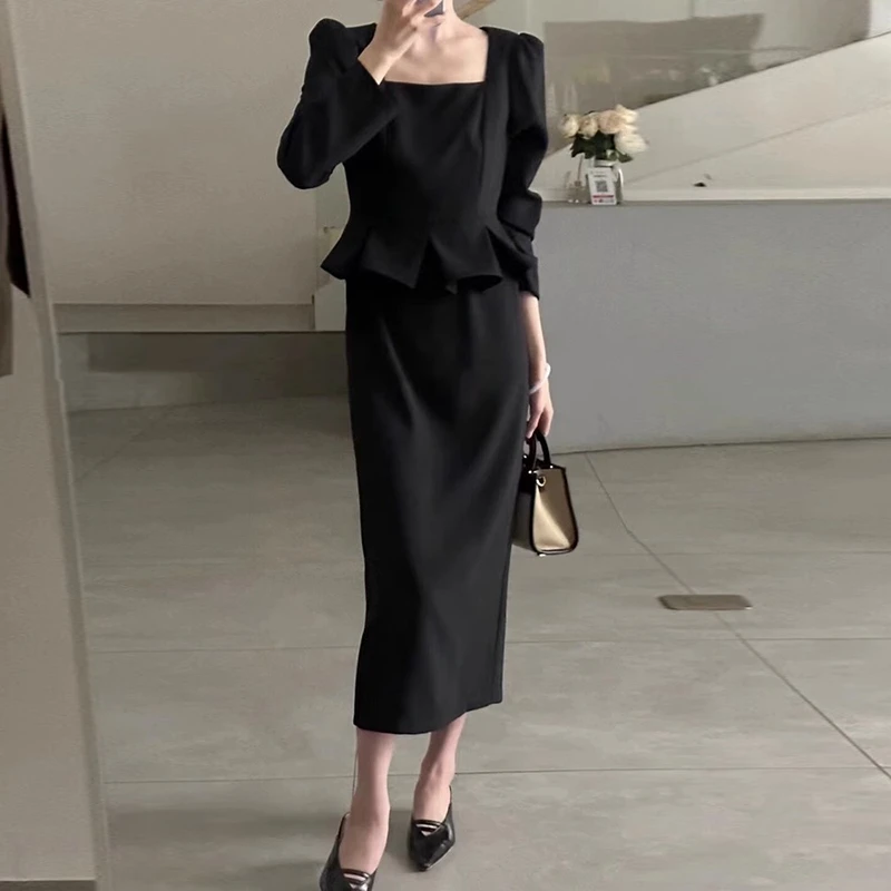 新款气质时尚方领连衣裙收腰修身假两件黑色通勤长裙女赫本风7517