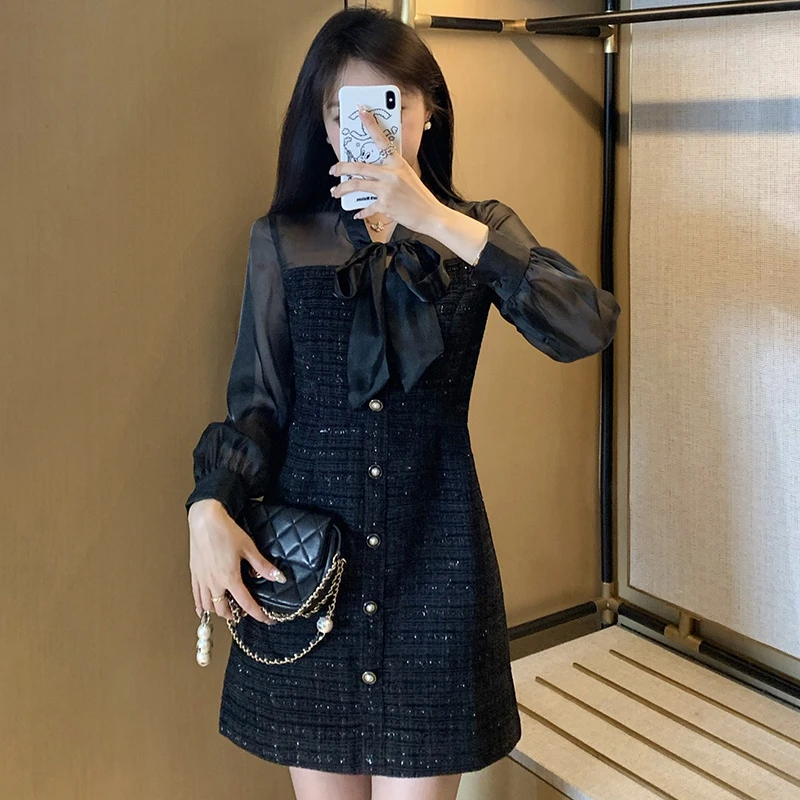 小香风黑色连衣裙2025新女高级气质复古蝴蝶结收腰显瘦裙子7464