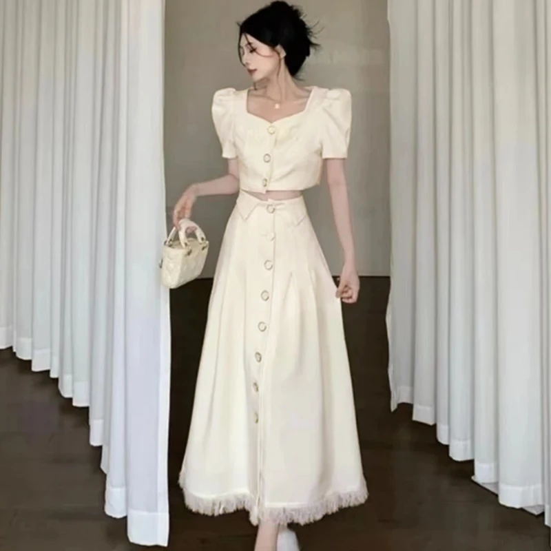 【两件套】夏季女装韩版小香风泡泡袖短款外套网红范半身裙套装1471