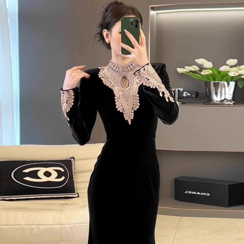 高级感精致奢华大牌气质黑色连衣裙鱼尾修身显瘦时尚收腰长裙2412