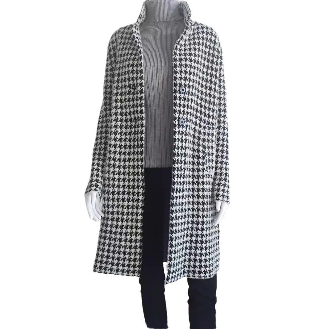 气质针织开衫女中长款秋冬2025新款韩版翻领千鸟格长袖毛呢外套