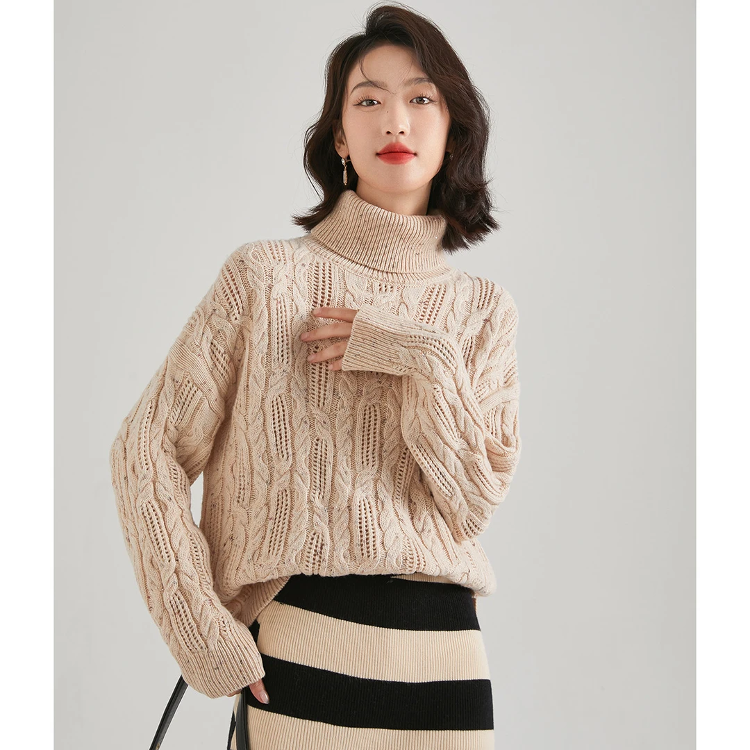 【赛兔】慵懒休闲镂空重工绞花夹花点外穿毛衣女式羊毛衫335225063