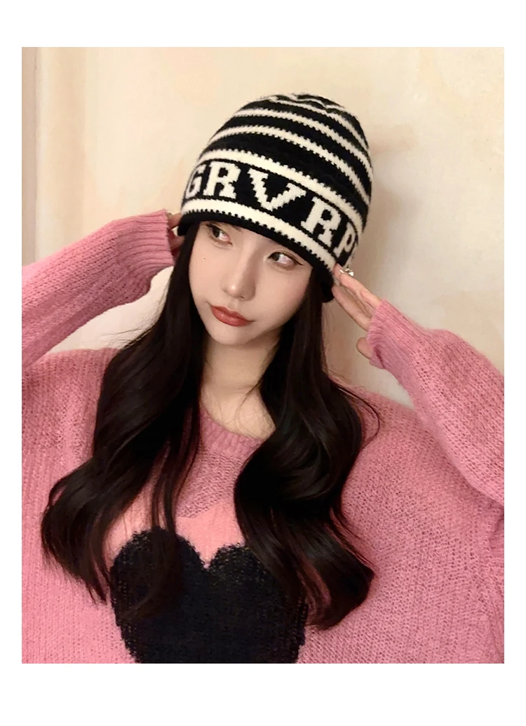 韩版百搭条纹针织帽女ins明星同款秋冬保暖护耳字母毛线帽男小众