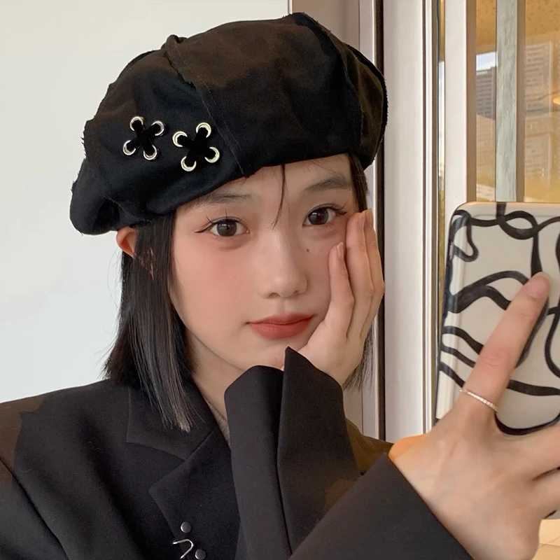 韩系百搭八角贝雷帽女春夏大头围显脸小黑色小香风蓓蕾画家帽子潮