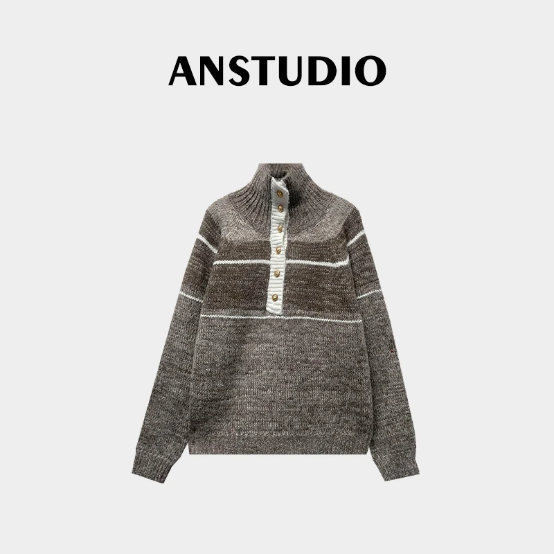 Ani-A311秋冬新款长袖条纹拼接半拉链毛衣