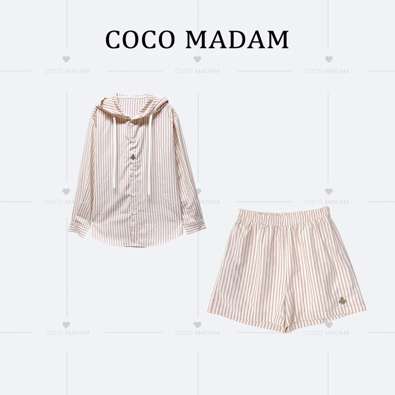 ANNI · Ani-A981 律动莫兰迪减龄穿搭套装条纹衬衣+松紧短裤套装