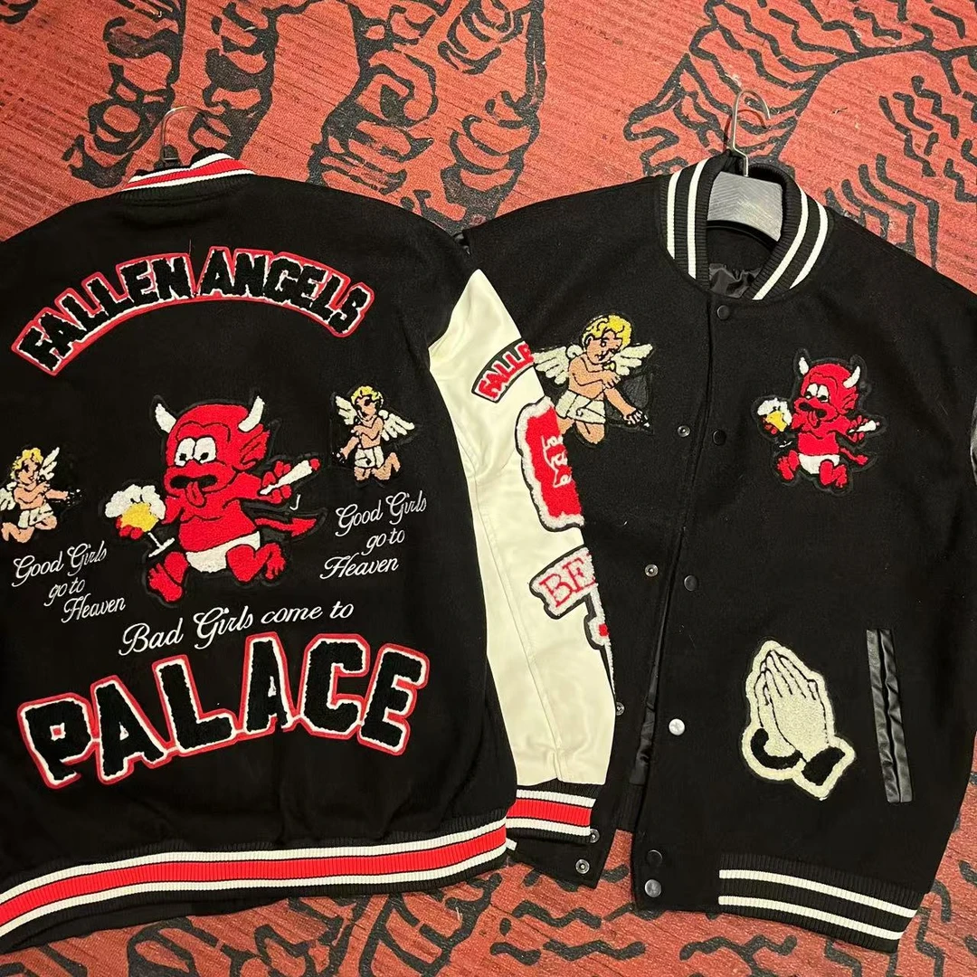 7-Days【668015】2024新款天使恶魔美式复古情侣皮袖棒球服男女同款