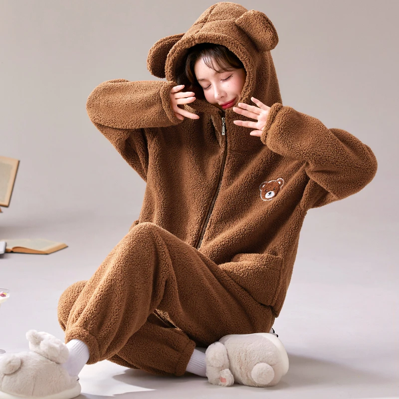 美拉德棕连帽小熊新款法兰绒睡衣女拉链大码家居服珊瑚绒秋冬