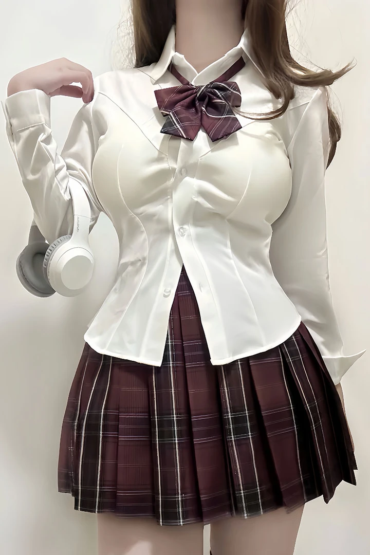 星叶高原创JK衬衫V领收腰高弹力学院风夏季长袖日系少女jk裙