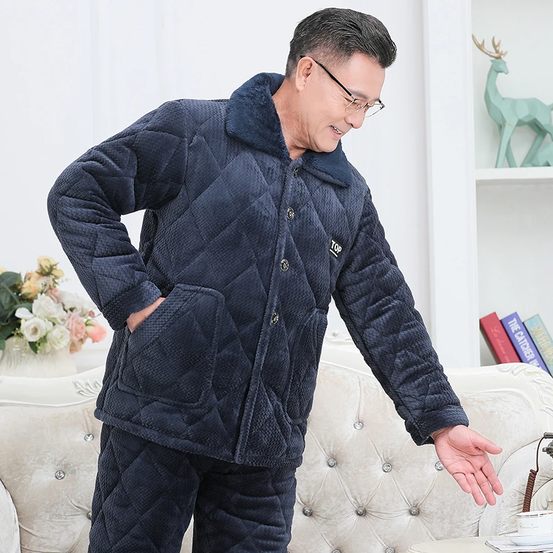 中老年父亲冬季三层加绒加厚夹棉睡衣男套装加保暖家居服大码外穿