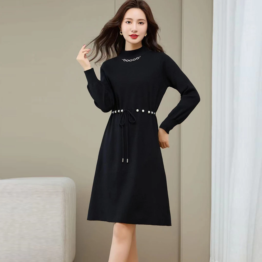 nuobeiyin/诺贝因高腰系带显瘦半高领保暖针织连衣裙YSY825