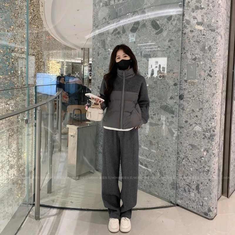 【极简奢品】2024秋冬设计师新款毛呢拼接棉服外套+毛呢裤子套装Q3