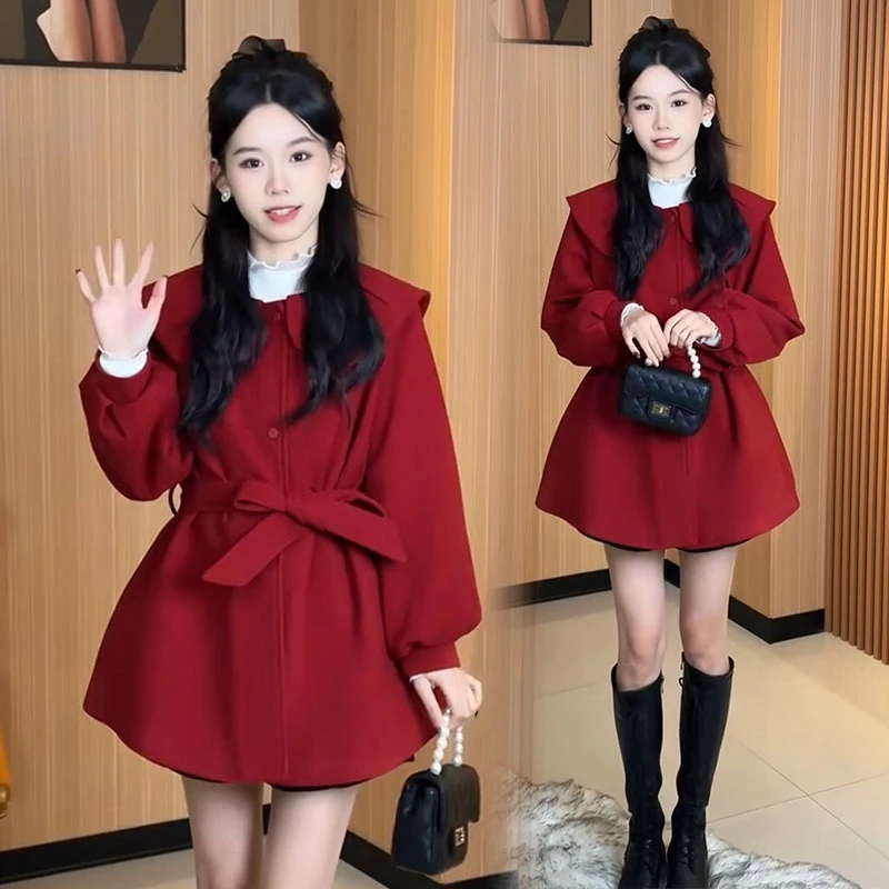 小个子红色毛呢外套女秋冬2024今年流行新款中长款娃娃领呢子外套