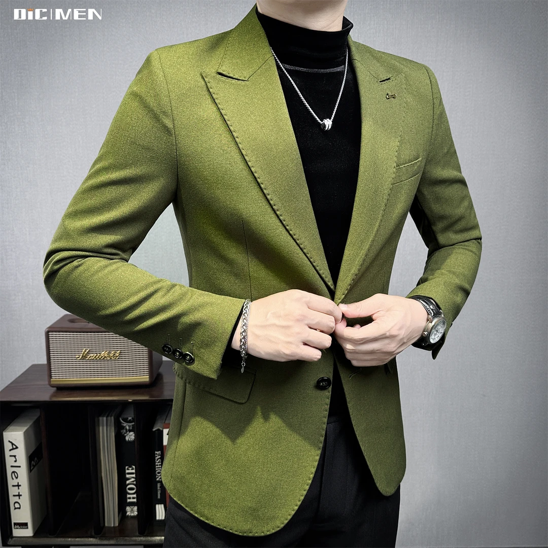 秋季男士休闲戗驳领西装外套男款潮流高级感商务痞帅西服修身绿色