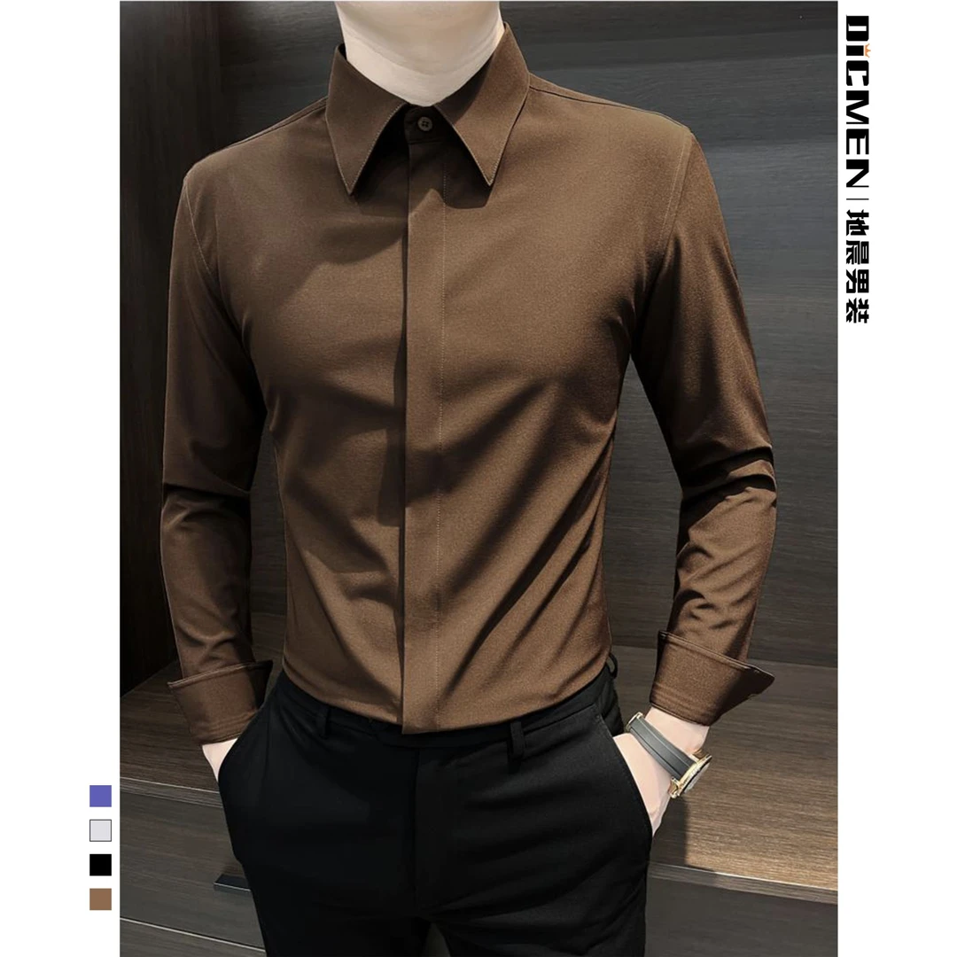 轻奢高级感纯色暗扣长袖衬衣男款新款2025年爆款秋季简约气质衬衫
