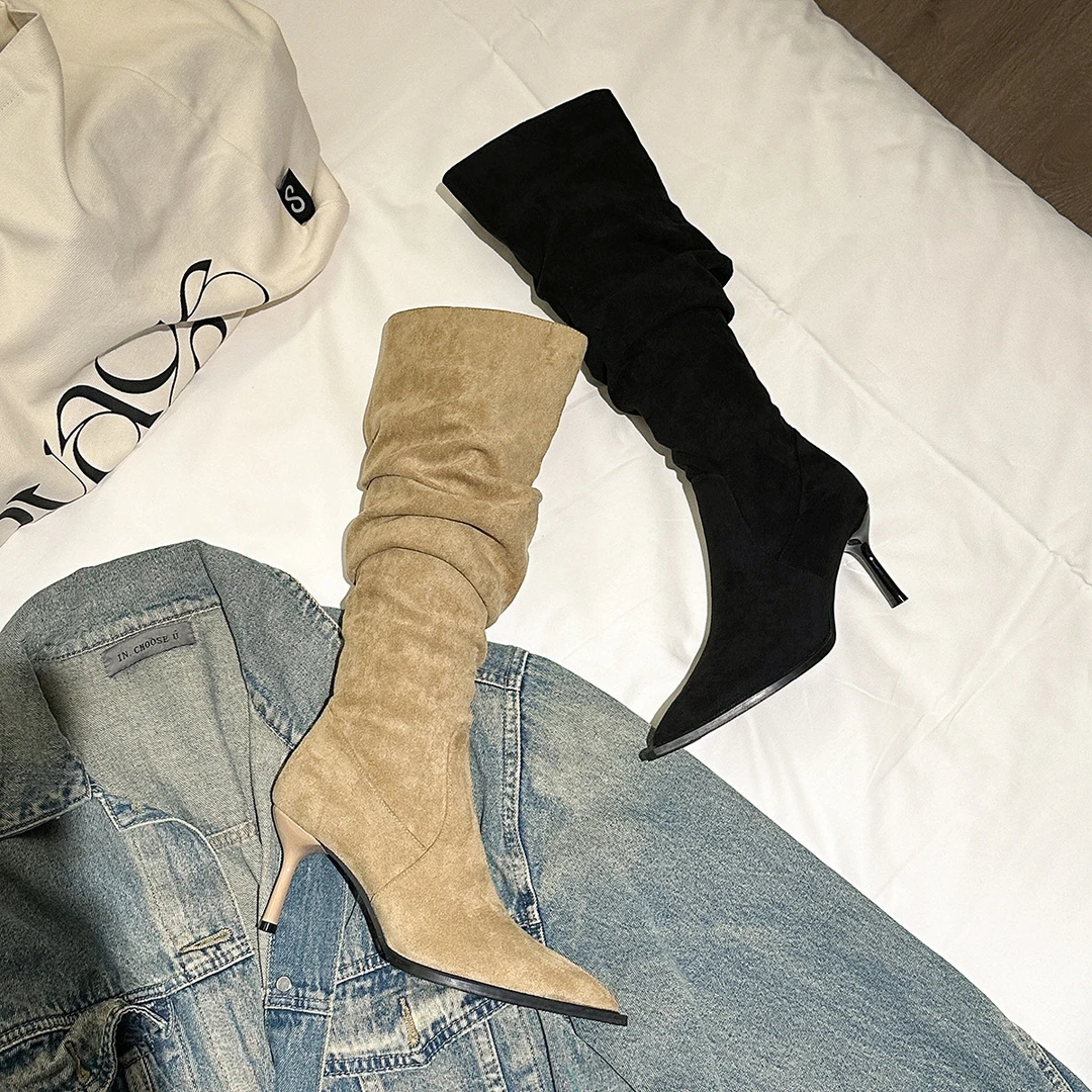 堆堆靴子女长筒靴秋冬靴子女胖mm肥筒呢子大衣专用尖头高跟鞋长靴