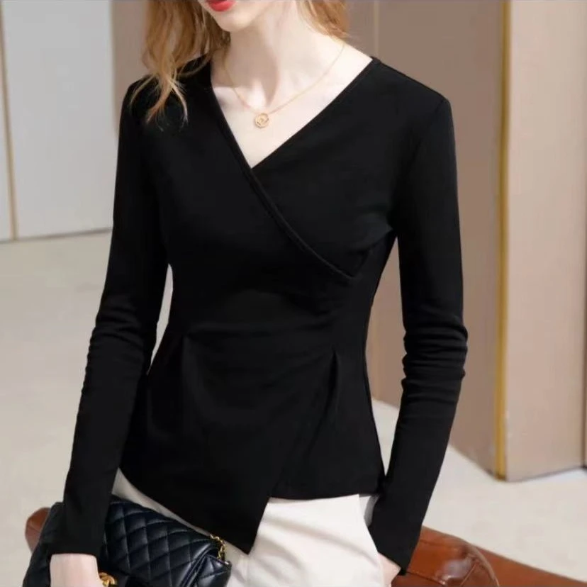 春季服饰t恤女长袖2023新款女装v领打底衫不规则收腰小众别致上衣