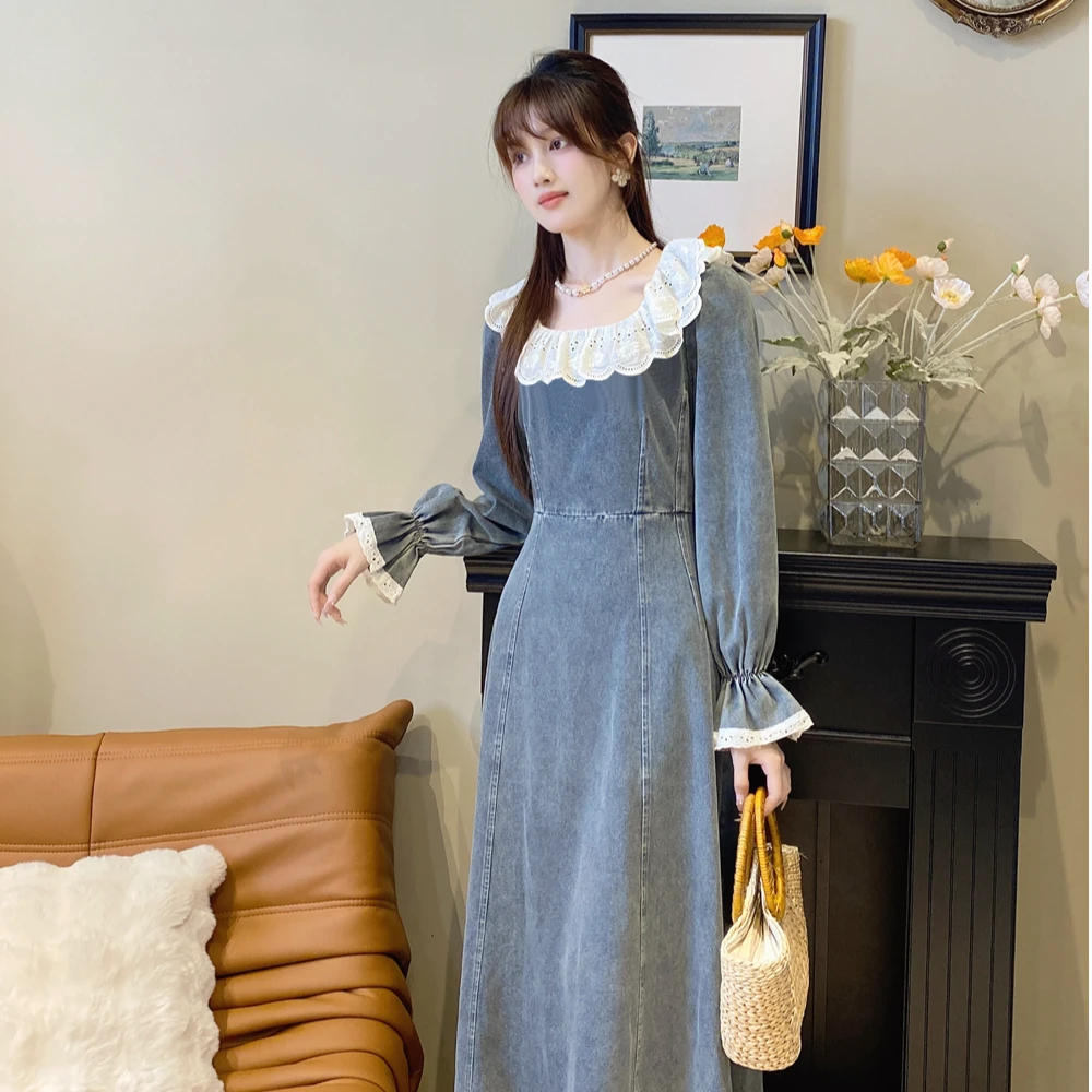 法式复古方领牛仔连衣裙秋款裙气质洋气收腰牛仔长裙子SZ1909003