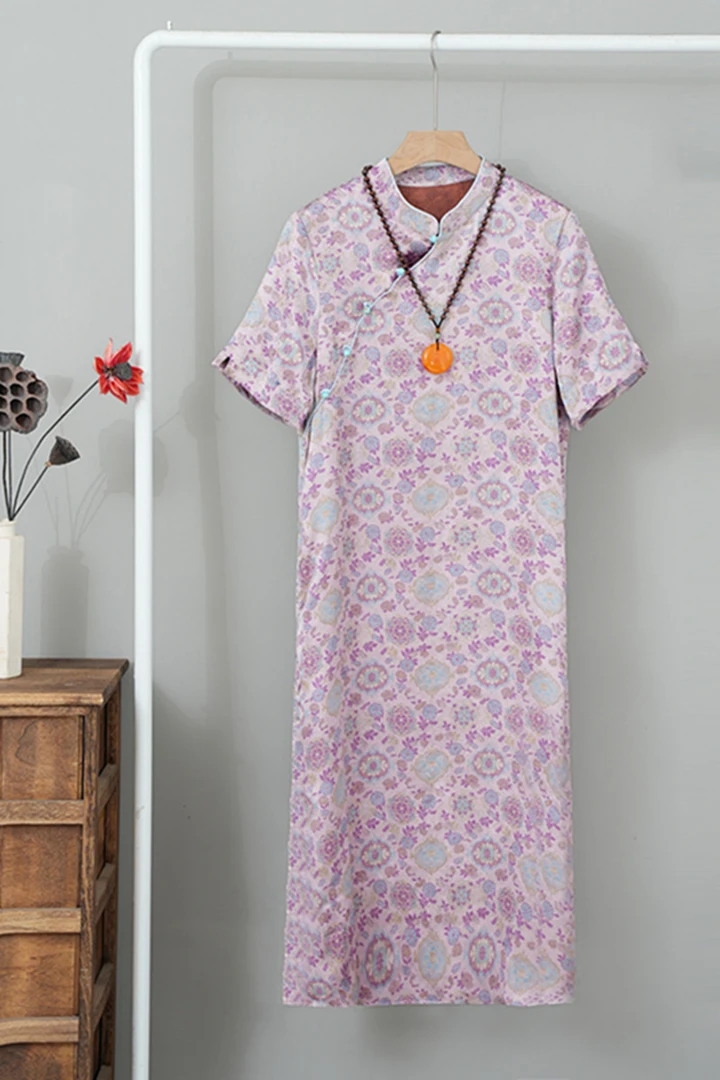 yifucai/伊芙彩新中式桑蚕丝旗袍裙立领宽松连衣裙真丝短袖连衣裙