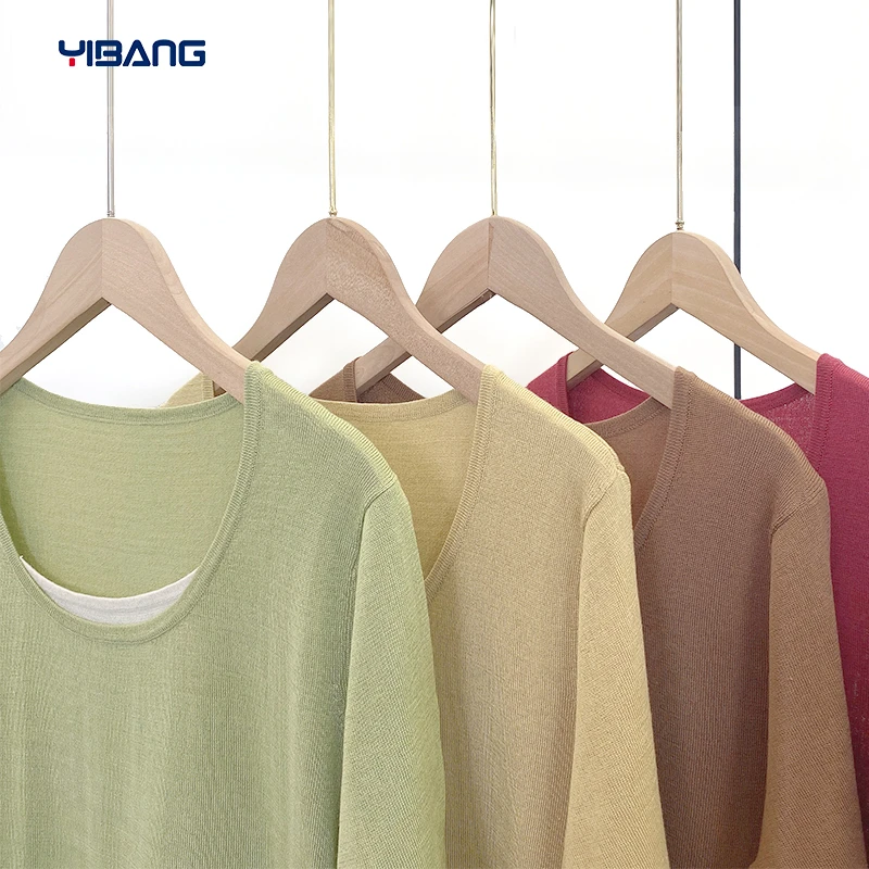 谊邦『精纺羊绒+桑蚕丝』夏季薄款假两件U领短袖女t恤针织上衣女士