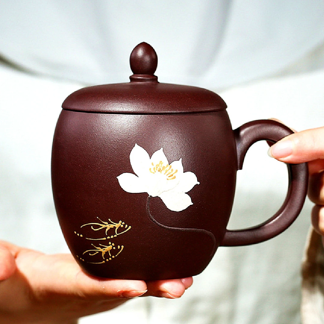 宜兴紫砂杯紫泥盖杯办公茄瓜水杯泡茶杯泥绘礼品大容量主人杯带盖