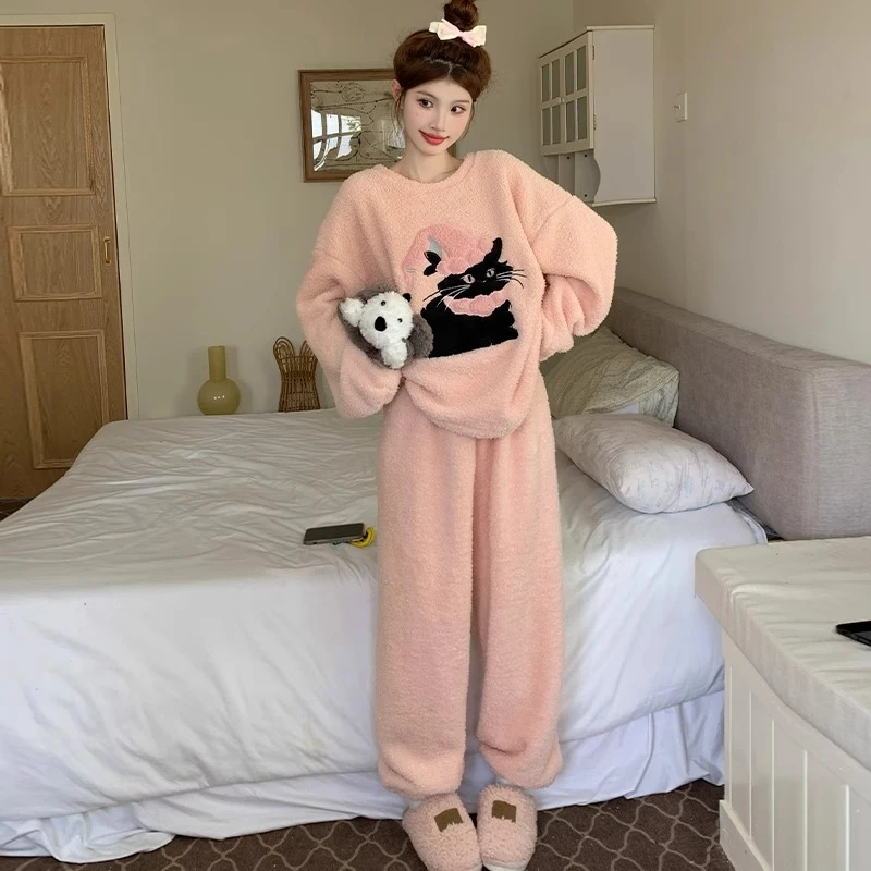 珊瑚绒睡衣女款冬季加绒加厚半边绒2024新款高级秋冬款网红家居服