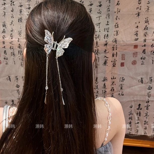 闪闪梦境蝴蝶～高级满镶重工新中式发饰蝴蝶流苏抓夹半扎发发夹