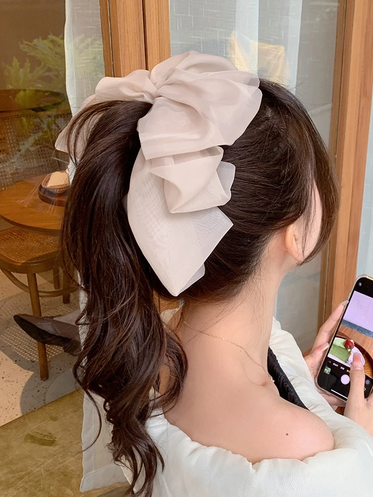 非金属布艺发饰 网纱云朵香蕉夹雪纺多层蝴蝶结高马尾防滑竖夹
