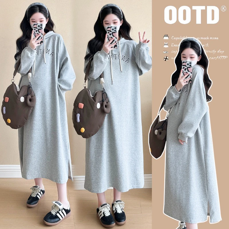 春秋新款连衣裙孕妇卫衣长裙韩版时尚潮妈宽松中长卫衣连衣裙