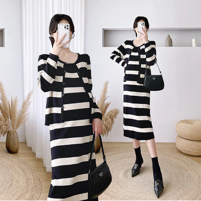 春秋新款孕妇连衣裙两件套八倍弹时尚开衫+吊带A字裙套装