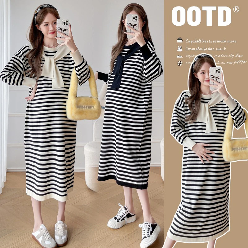 春秋新款长袖秋装圆领披肩孕妇装条纹宽松气质减龄休闲孕妇连衣裙