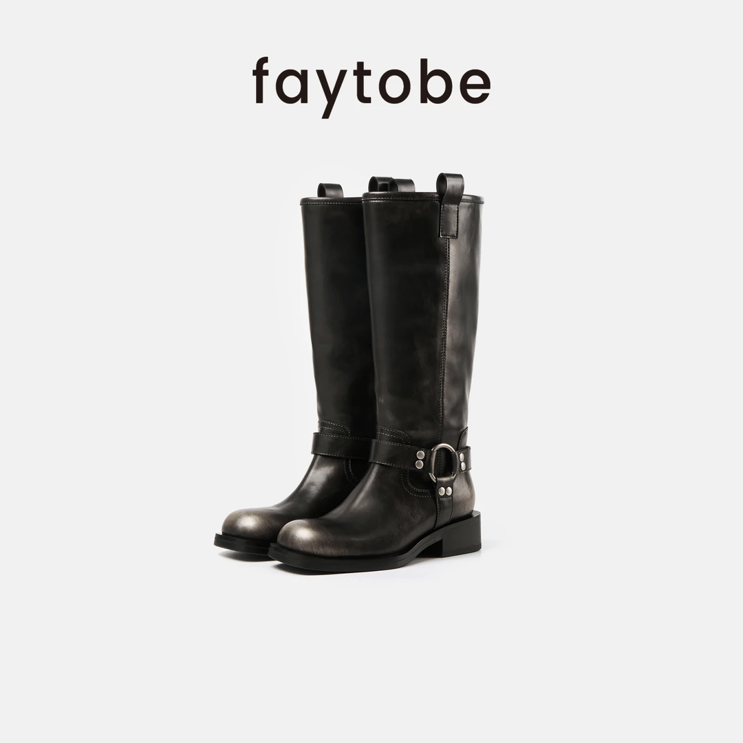 faytobe擦色小牛皮重金属系列复古做旧厚底西部机车靴长筒靴