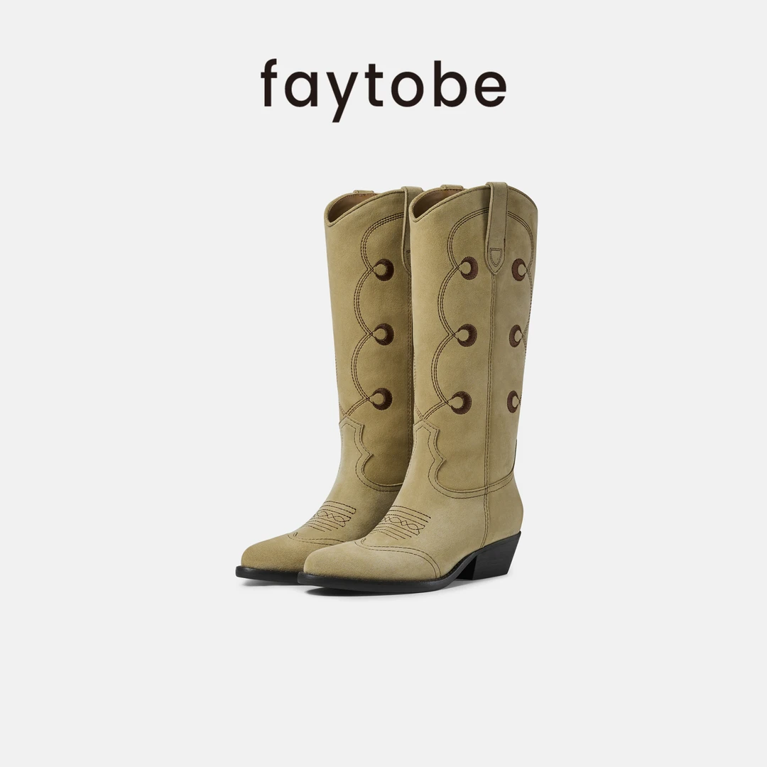faytobe“月升“彝绣西部靴秋手工牛反绒长靴百搭真皮高筒靴