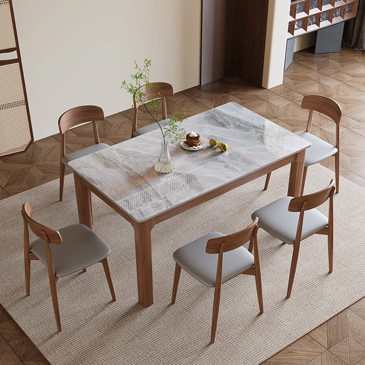 丰舍加厚岩板餐桌椅简约饭桌组合实木方桌新中式家用长方形餐桌