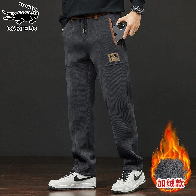 鳄鱼加绒加厚休闲裤男士宽松直筒长裤秋冬季潮牌卫裤灯芯绒裤子男
