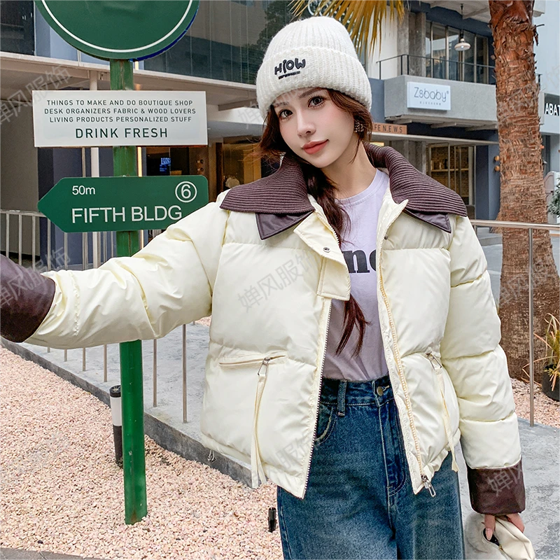 欧式针织翻领女士短款蛋白皮拼接娃娃领防寒棉服8603