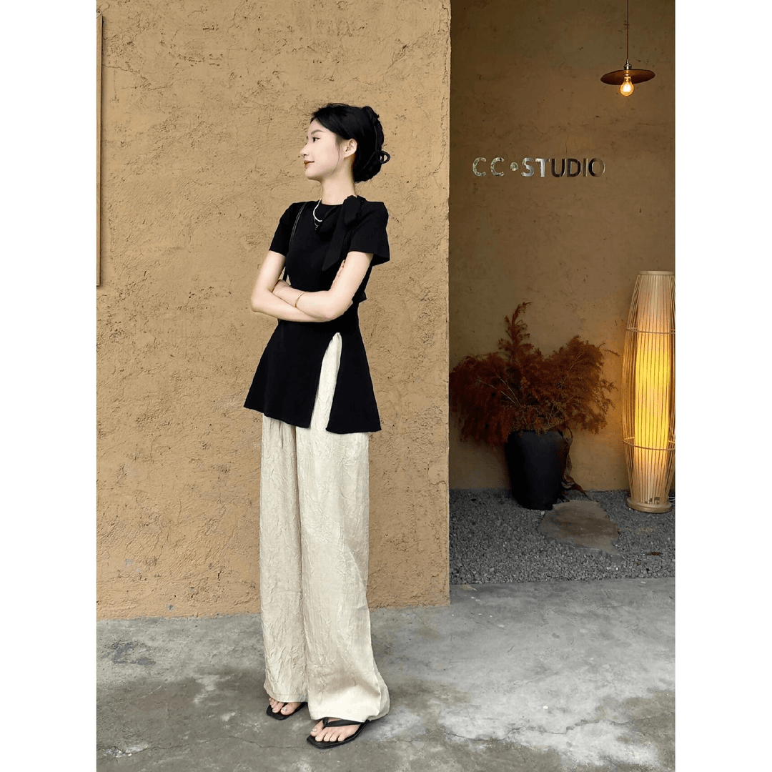 2024年夏日清风黑色蝴蝶结系带开叉针织背心女收腰显瘦短袖上衣夏