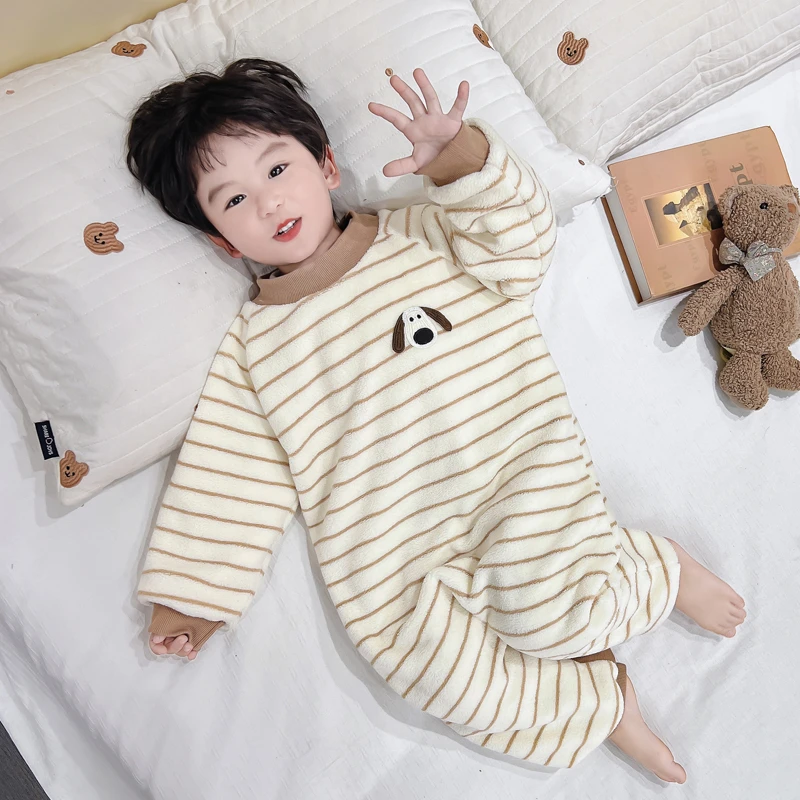 男童珊瑚绒连体睡衣秋冬款加厚加绒男孩宝宝睡袋儿童法兰绒连体衣