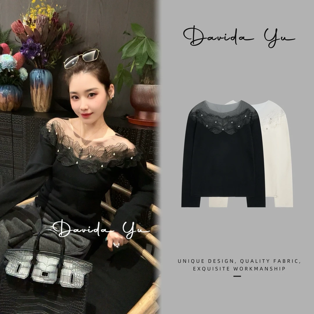 Davida Yu【千金】100绵羊毛蕾丝钩花打底秋冬气质长袖针织衫1998
