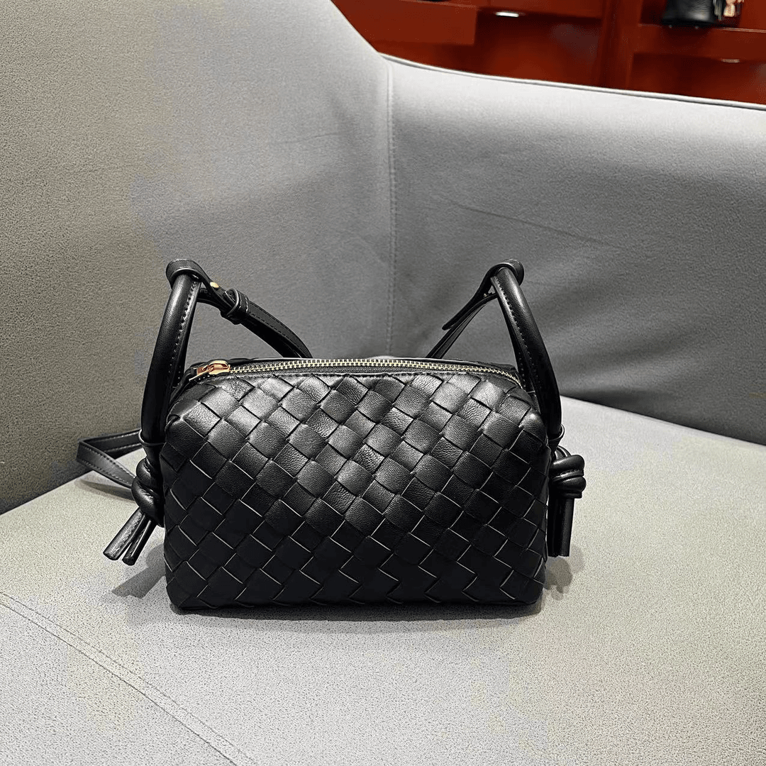 【A303-7063】新款高级感时尚编织真皮黑色女士单肩斜跨手提包