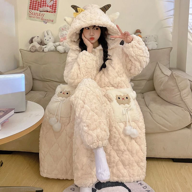 睡袍加绒加厚2024新款女冬季保暖睡衣女法兰绒连帽可爱家居服套装