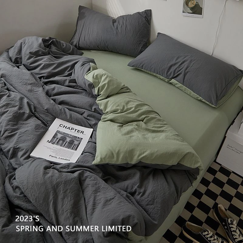 亲肤ins风床上用品四件套纯色软床单被套单件简约双拼学生三件套