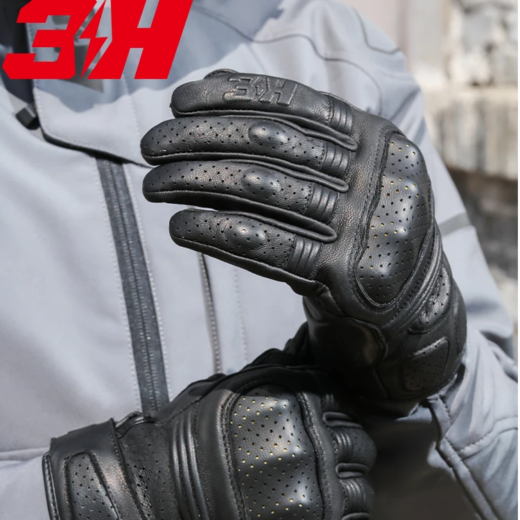 3H摩托车骑行手套夏季男防摔透气复古耐磨可触屏机车赛车手套全皮